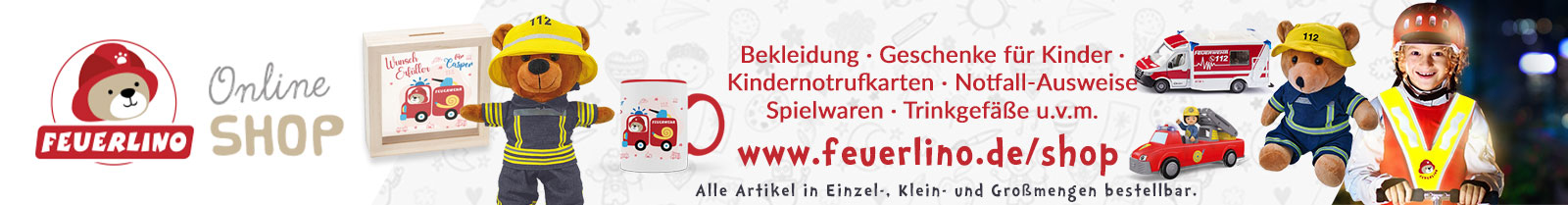 Feuerlino Onlineshop - Fanshop für kleine Feuerwehrfans - Kindernotrufkarten und Notfall-Ausweise online bestellen